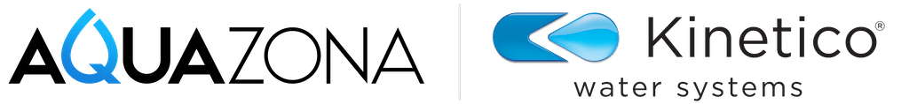 The "AQUAZONA" logo featuring a blue water drop as part of the 'Q' is displayed next to the "Kinetico water systems" logo