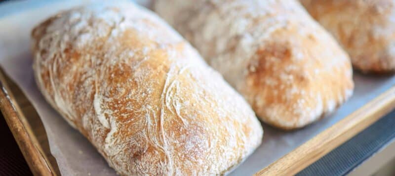 Close-up of freshly baked ciabatta bread loaves dusted with flour on a tray.